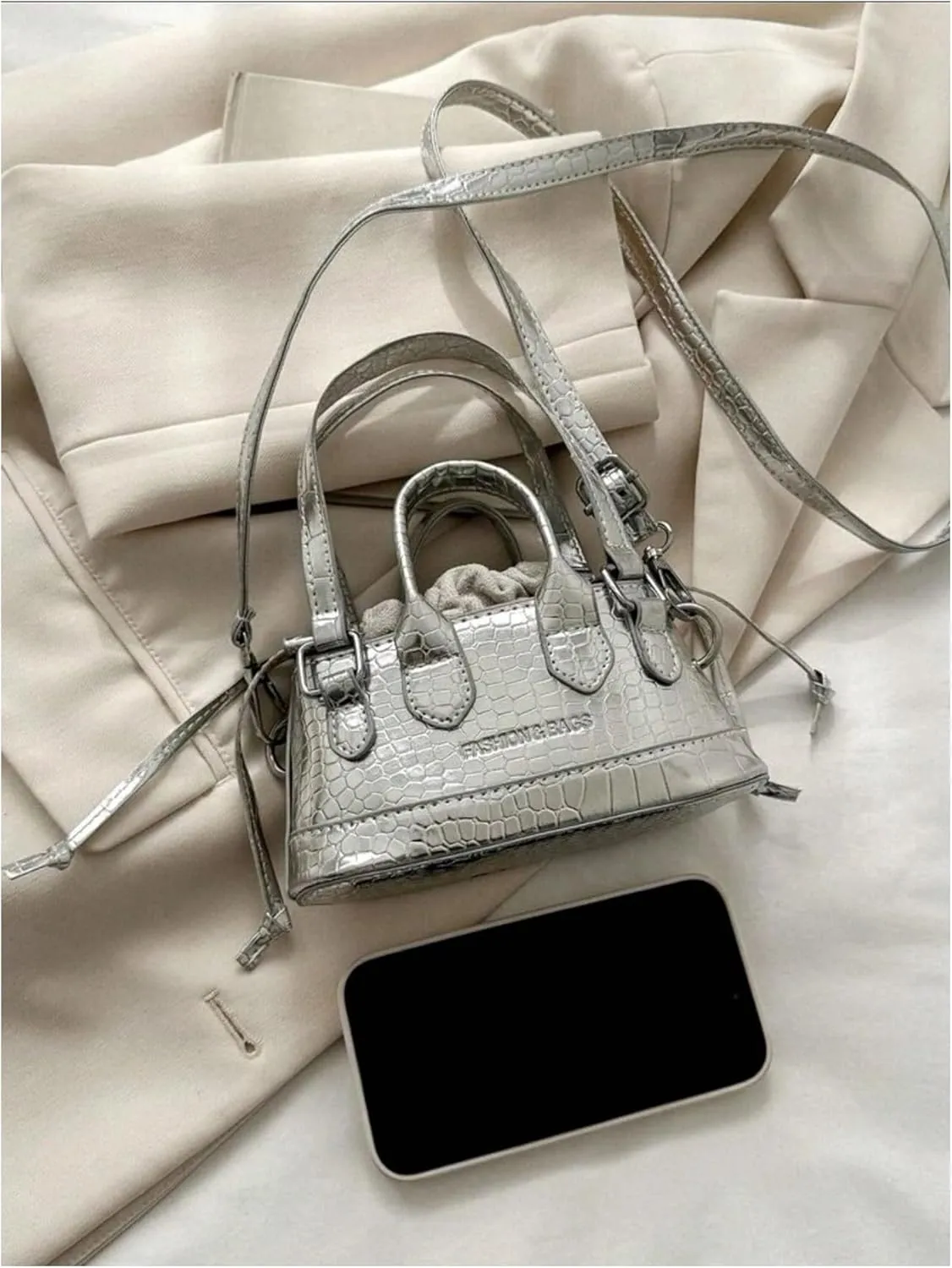 Women's Metallic Crocodile Embossed Shoulder Handbag Funky Drawstring Double Handle Mini Clutch Purse