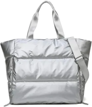 Womens Metallic Puffer Tote Bag Lightweight Quilted Puffy Shoulder Handbag, Padded Hobo Purse Large Fashionable Shoulder Bag
