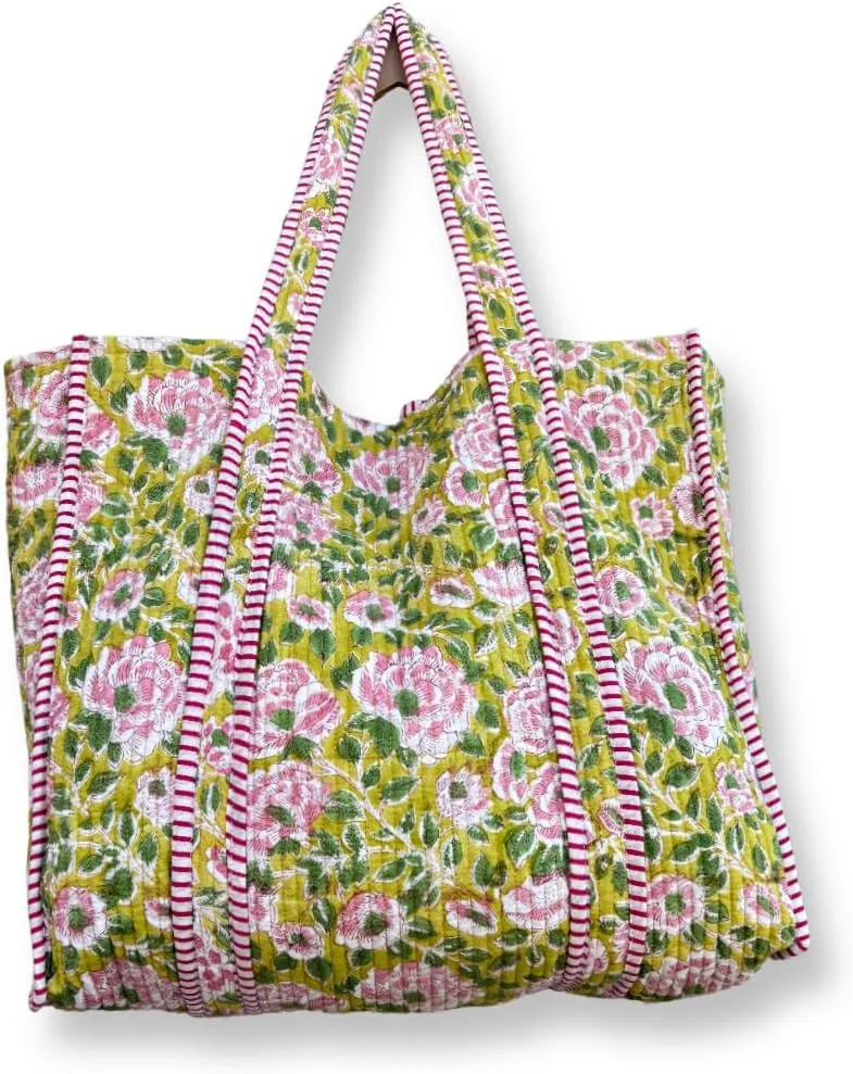 Women's Quilted Cotton Tote Bag Handprinted Reversible Hand Block Print Shoulder Bag Women Handbag Traveling Bag