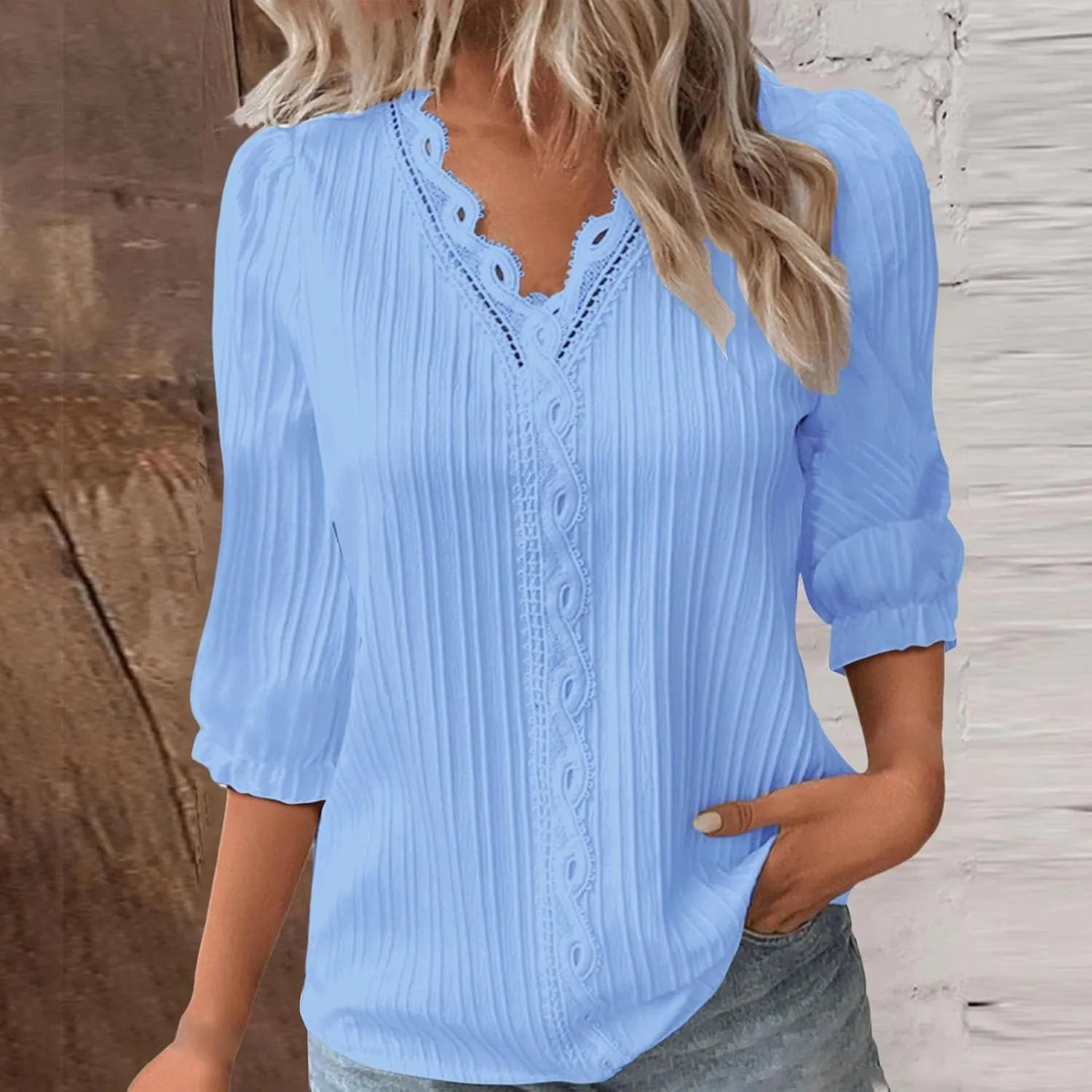 Womens Spring Tops 2025 Trendy Casual Elegant Textured Solid Blouses Lace V Neck 3/4 Puff Sleeve Pullover Tunic Tops