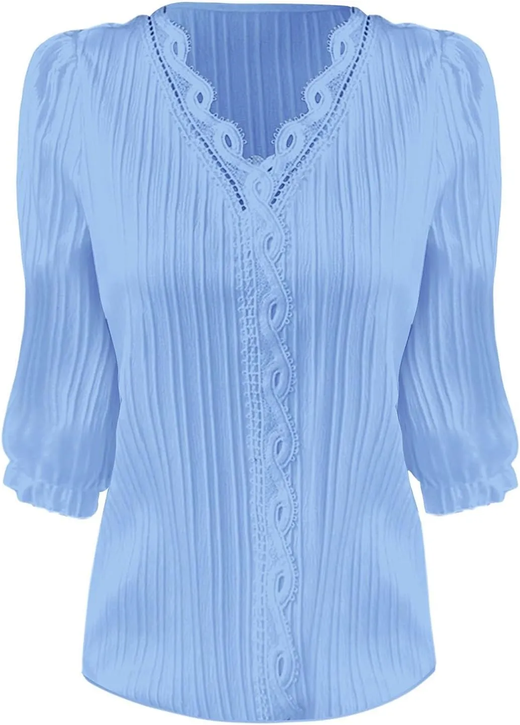 Womens Spring Tops 2025 Trendy Casual Elegant Textured Solid Blouses Lace V Neck 3/4 Puff Sleeve Pullover Tunic Tops