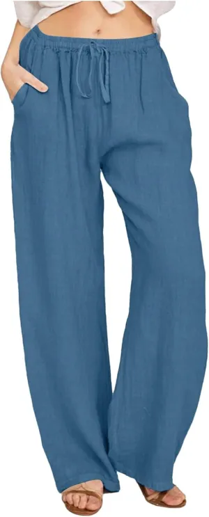 Womens Summer Flowy Cotton Linen Palazzo Wide Leg Pants Pajamas High Waisted Pant Long Trousers with Pocket