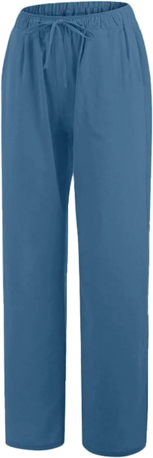 Womens Summer Flowy Cotton Linen Palazzo Wide Leg Pants Pajamas High Waisted Pant Long Trousers with Pocket