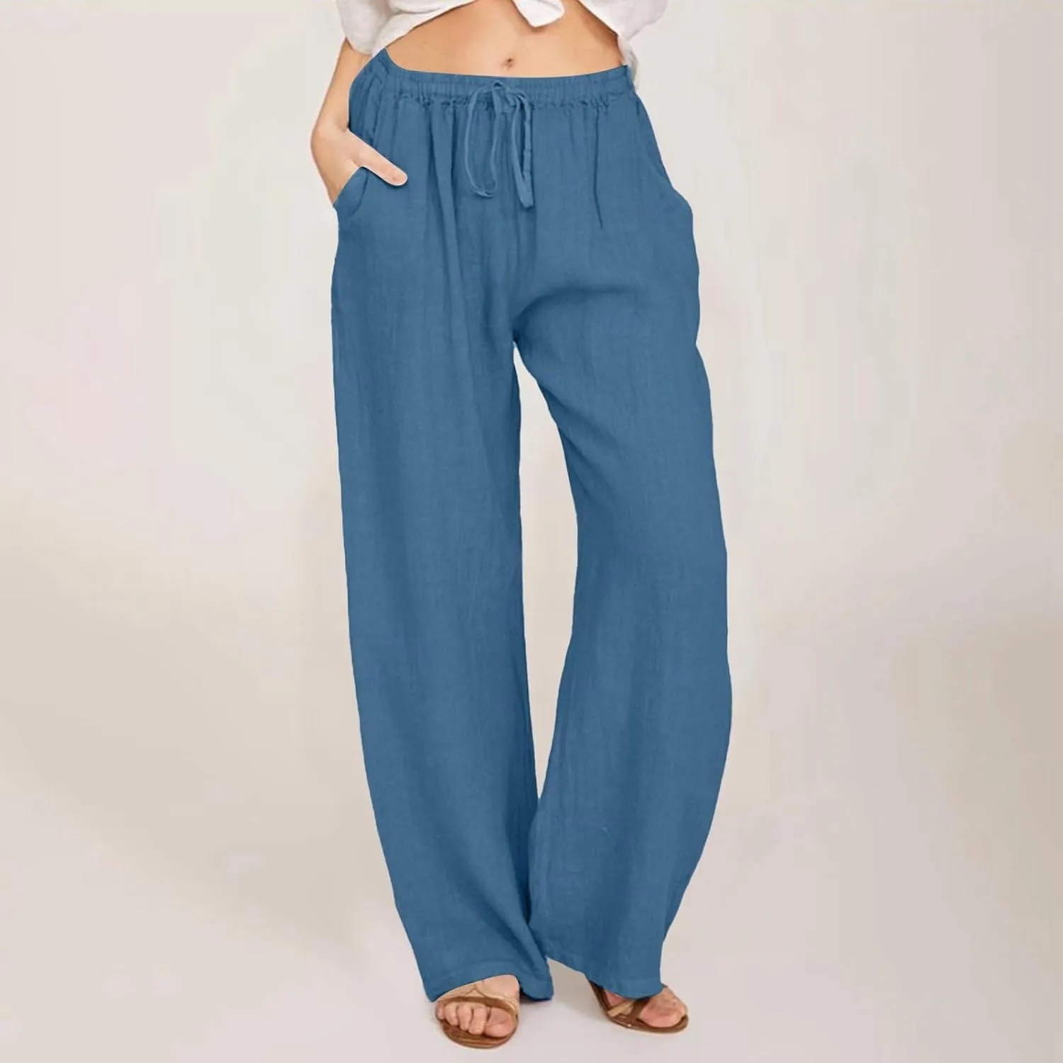 Womens Summer Flowy Cotton Linen Palazzo Wide Leg Pants Pajamas High Waisted Pant Long Trousers with Pocket
