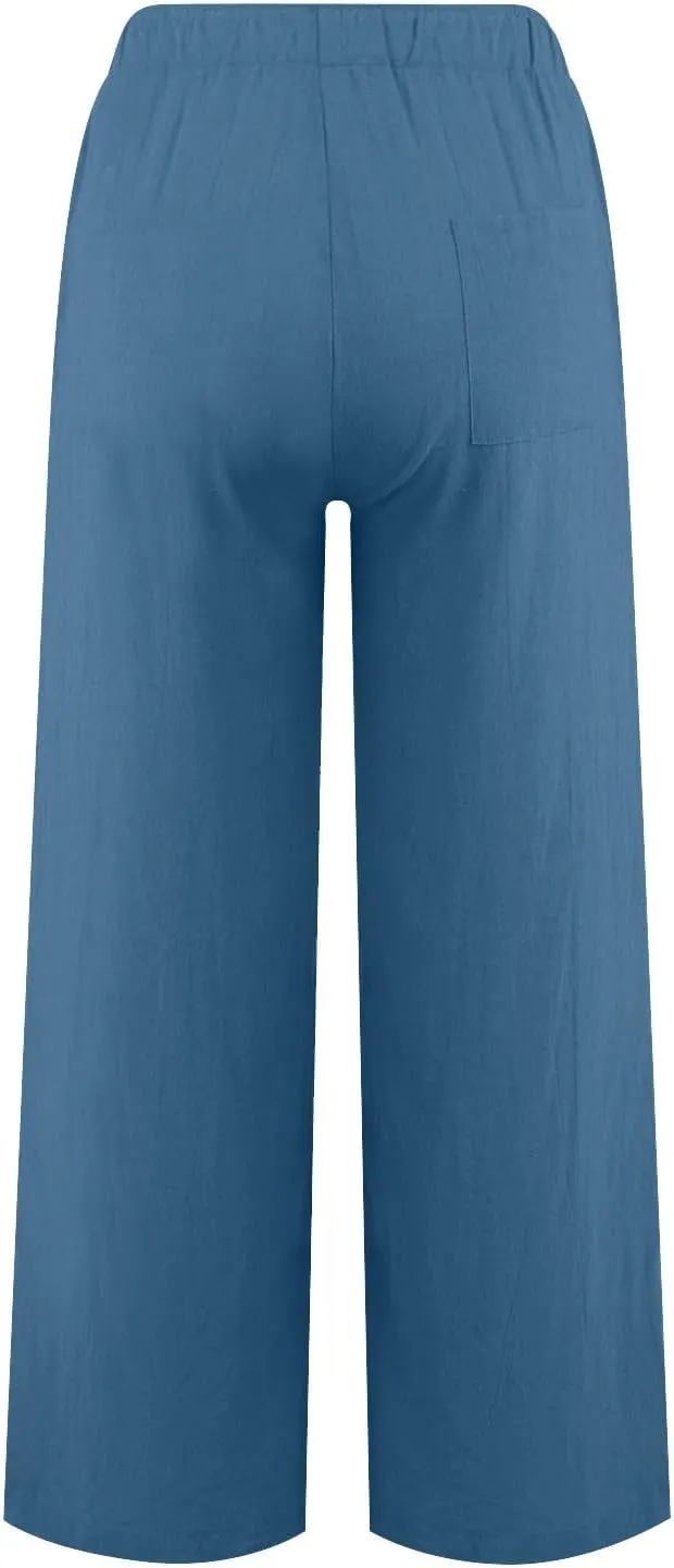 Womens Summer Flowy Cotton Linen Palazzo Wide Leg Pants Pajamas High Waisted Pant Long Trousers with Pocket