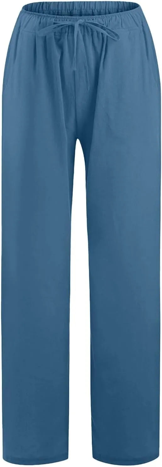 Womens Summer Flowy Cotton Linen Palazzo Wide Leg Pants Pajamas High Waisted Pant Long Trousers with Pocket