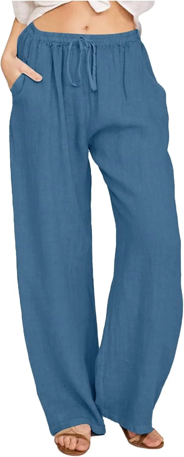 Womens Summer Flowy Cotton Linen Palazzo Wide Leg Pants Pajamas High Waisted Pant Long Trousers with Pocket