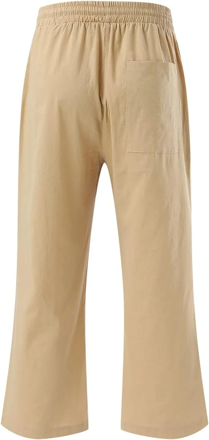 Women's Summer High Waist Linen Palazzo Pants Wide Leg Long Button Up Jogger Pant Trousers with Pocket