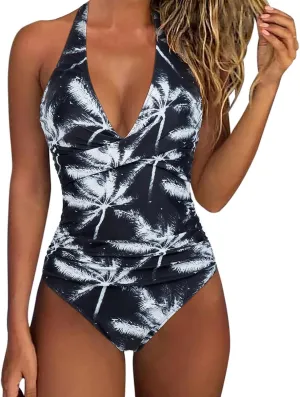 Women's Two Piece Swimsuits Tummy Control V Neck Cutout High Waisted Bathing Suit Wrap Swimsuit with Chest Pad