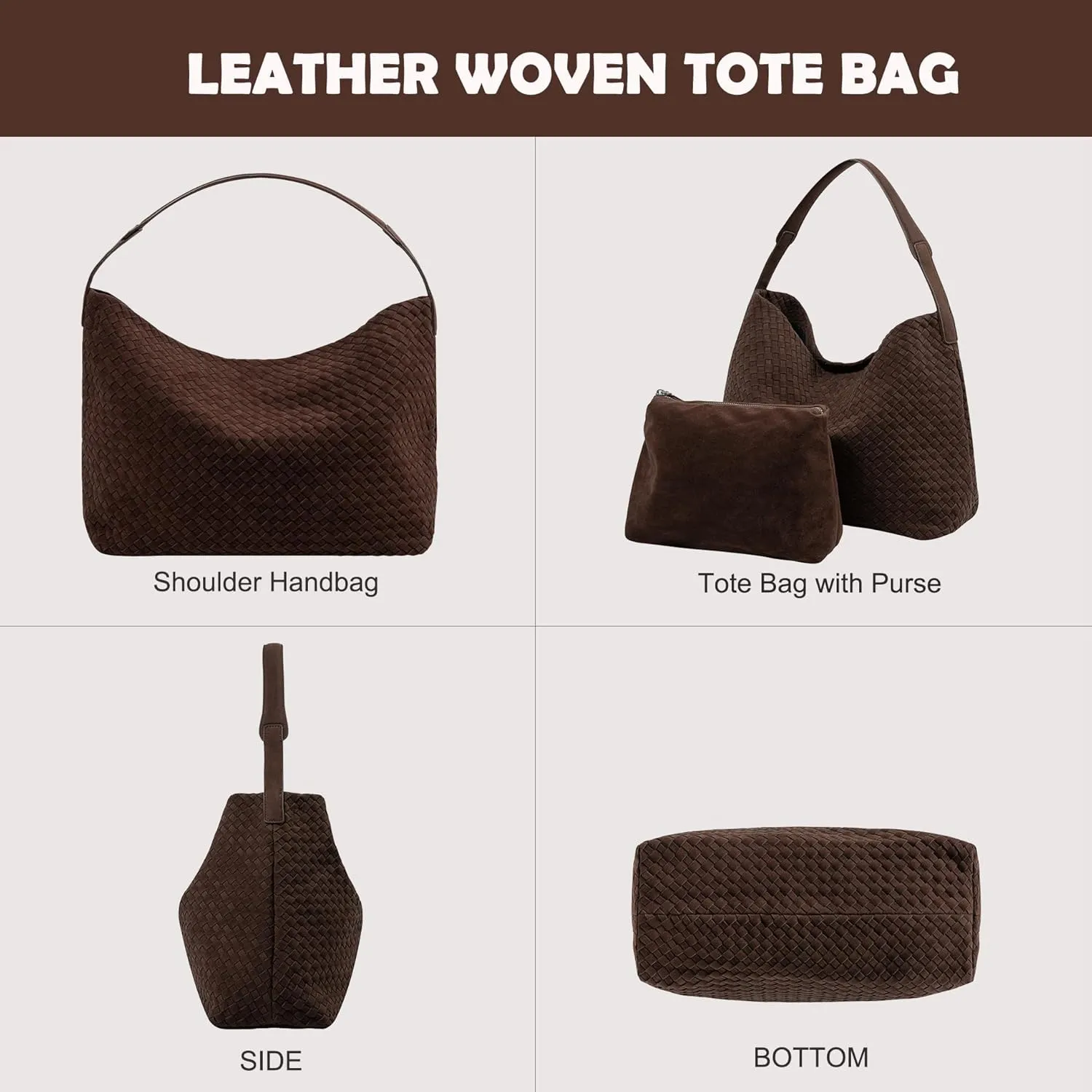 Woven Leather Tote Bag for Women, Vintage Large Suede Woven Purse, Vegan Leather Shoulder Bag Braided Handbag With Purse