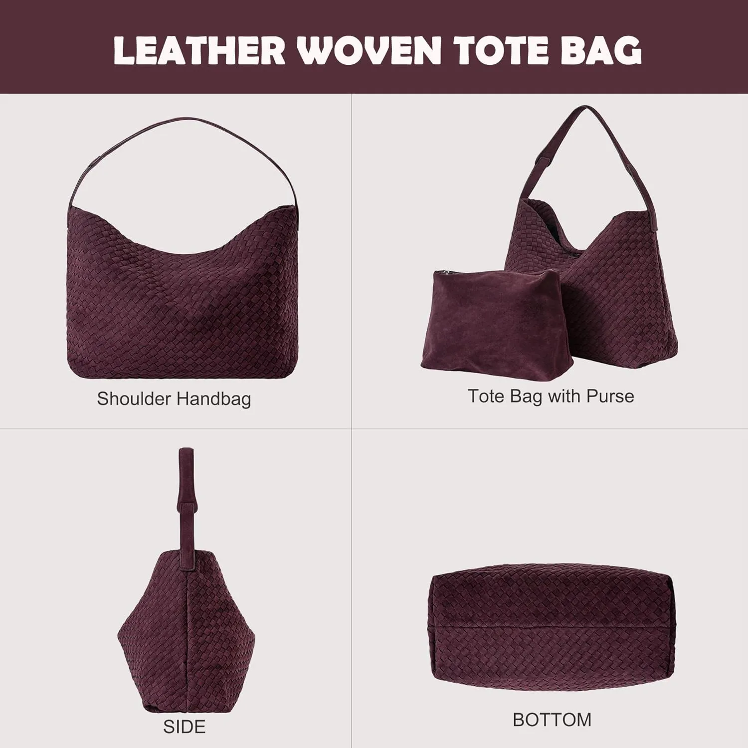 Woven Leather Tote Bag for Women, Vintage Large Suede Woven Purse, Vegan Leather Shoulder Bag Braided Handbag With Purse