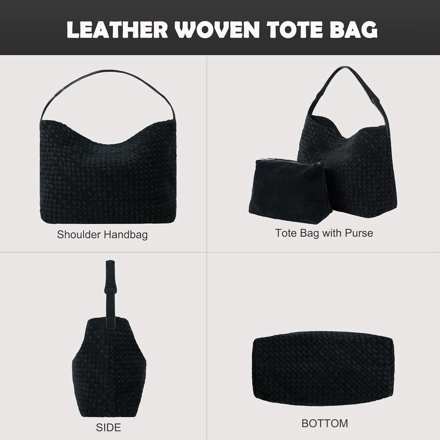 Woven Leather Tote Bag for Women, Vintage Large Suede Woven Purse, Vegan Leather Shoulder Bag Braided Handbag With Purse