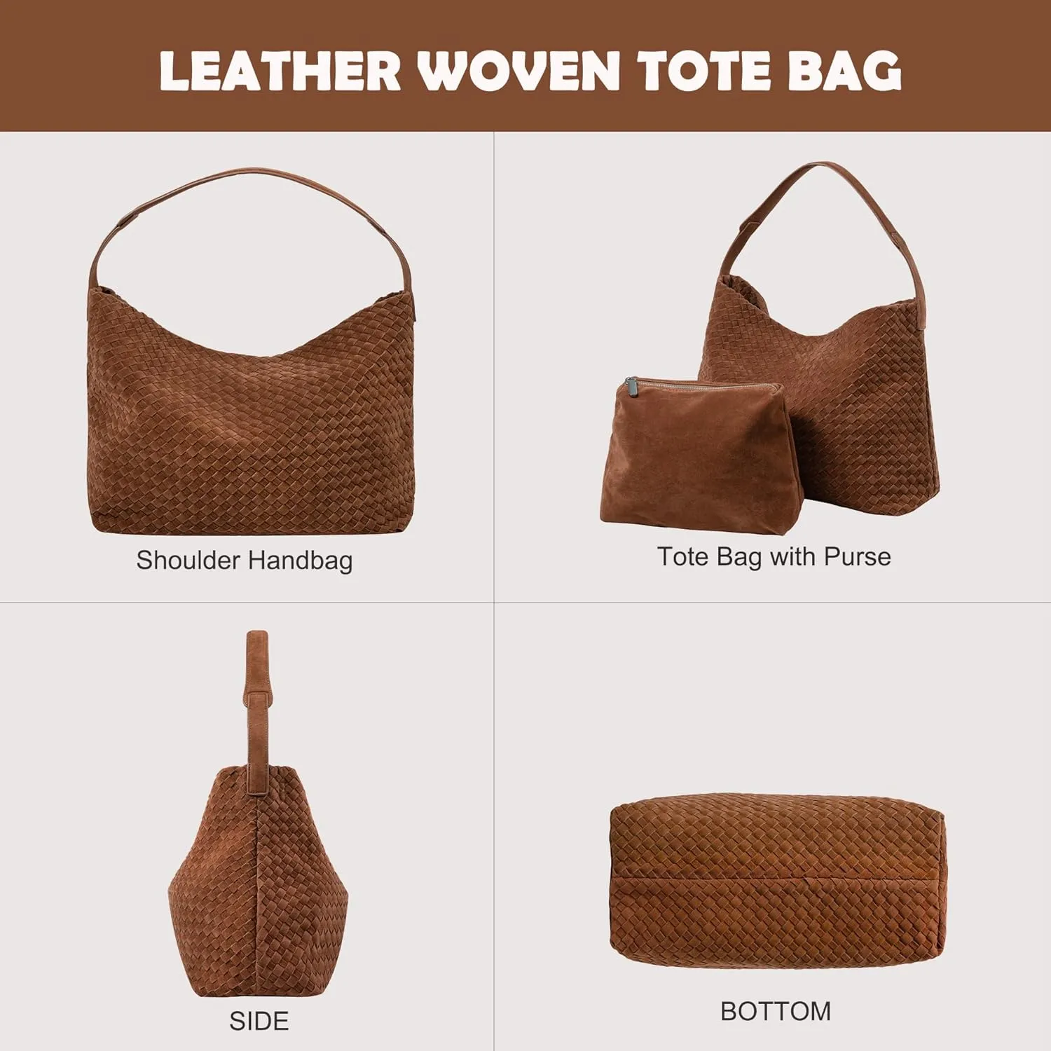 Woven Leather Tote Bag for Women, Vintage Large Suede Woven Purse, Vegan Leather Shoulder Bag Braided Handbag With Purse