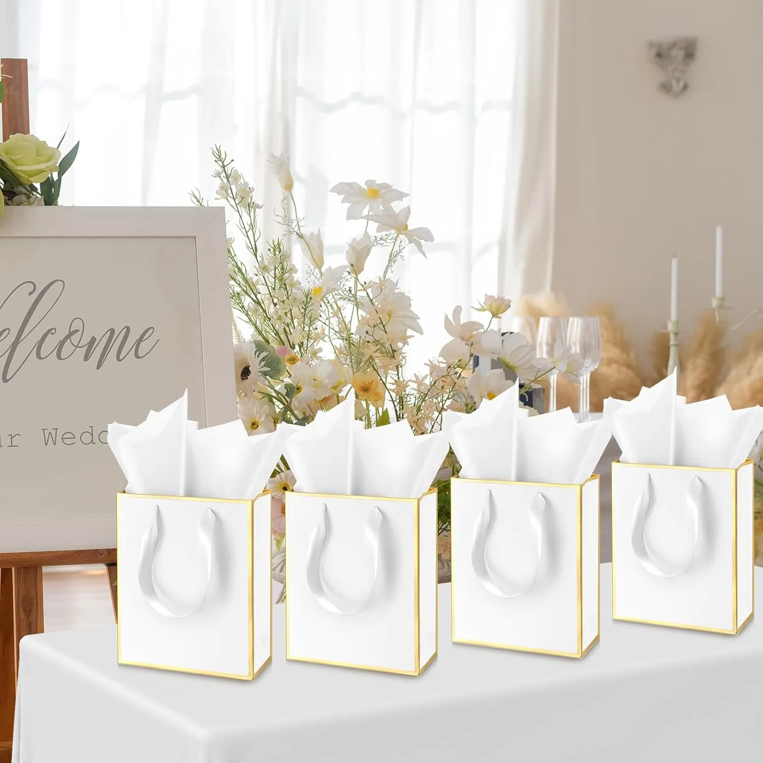Yeaqee 50 Pack Metallic Gift Bags with Handle and Tissue Paper for Wedding Graduation Holiday Bridesmaid Thank You 5 Senses Gift Bag for Her Him Birthday 9 x 7 x 3.15''(White and Gold)