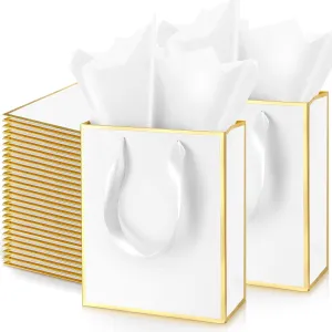 Yeaqee 50 Pack Metallic Gift Bags with Handle and Tissue Paper for Wedding Graduation Holiday Bridesmaid Thank You 5 Senses Gift Bag for Her Him Birthday 9 x 7 x 3.15''(White and Gold)