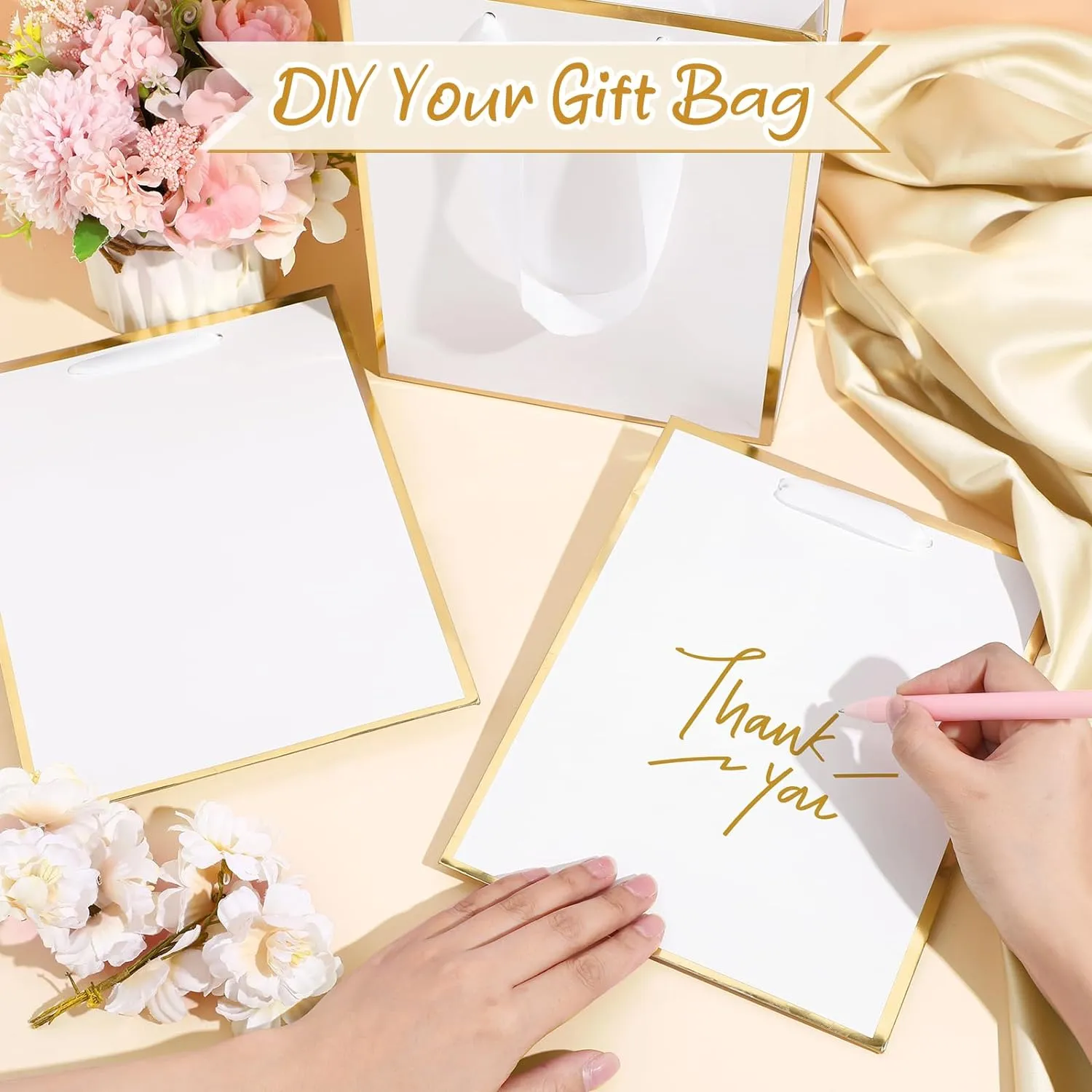 Yeaqee 50 Pack Metallic Gift Bags with Handle and Tissue Paper for Wedding Graduation Holiday Bridesmaid Thank You 5 Senses Gift Bag for Her Him Birthday 9 x 7 x 3.15''(White and Gold)