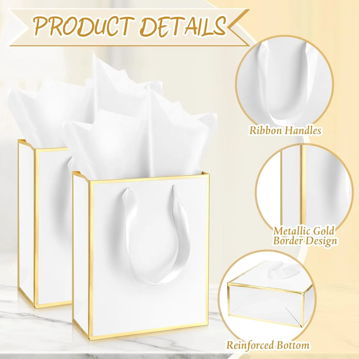 Yeaqee 50 Pack Metallic Gift Bags with Handle and Tissue Paper for Wedding Graduation Holiday Bridesmaid Thank You 5 Senses Gift Bag for Her Him Birthday 9 x 7 x 3.15''(White and Gold)
