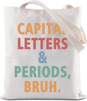 ZJXHPO English Teacher Tote Bag Capital Letters And Periods Bruh Reusable Grocery Shopping Bag Grammar Shoulder Bag