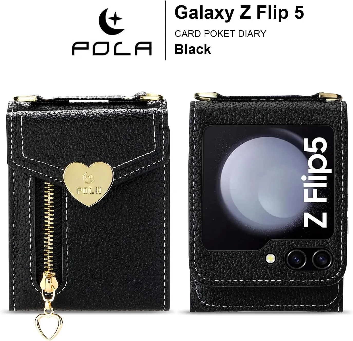 ZORSOME for Samsung Galaxy Z Flip 5 5G Crossbody Bag Wallet Case, Love Wallet Purse Stand Case for Samsung Galaxy Z Flip 5 5G with Detachable Lanyard   Wrist Strap for Women,Black