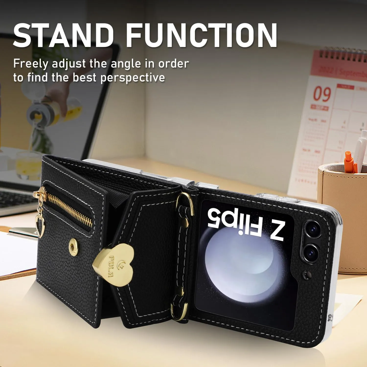 ZORSOME for Samsung Galaxy Z Flip 5 5G Crossbody Bag Wallet Case, Love Wallet Purse Stand Case for Samsung Galaxy Z Flip 5 5G with Detachable Lanyard   Wrist Strap for Women,Black
